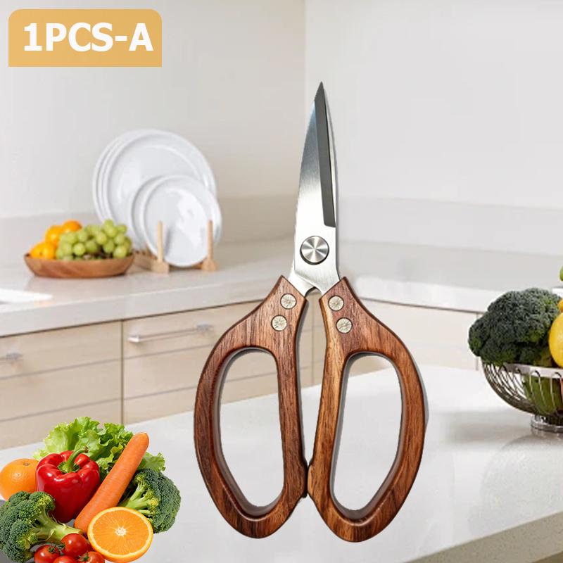 Stainless Steel Kitchen Scissors Acacia-Handled Chicken Bone Shears Multi-Purpose Cutting Meat Fileting Fish Kitchen Shears