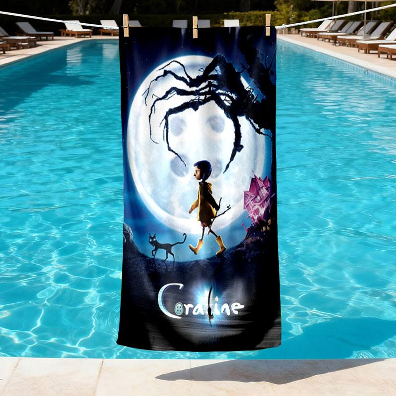 Coraline Print Beach Towel Design, Soft, Lightweight. for Home Bathroom, Spa, Pool, Yoga, Surfing, Camping, Gift for Family, Friend