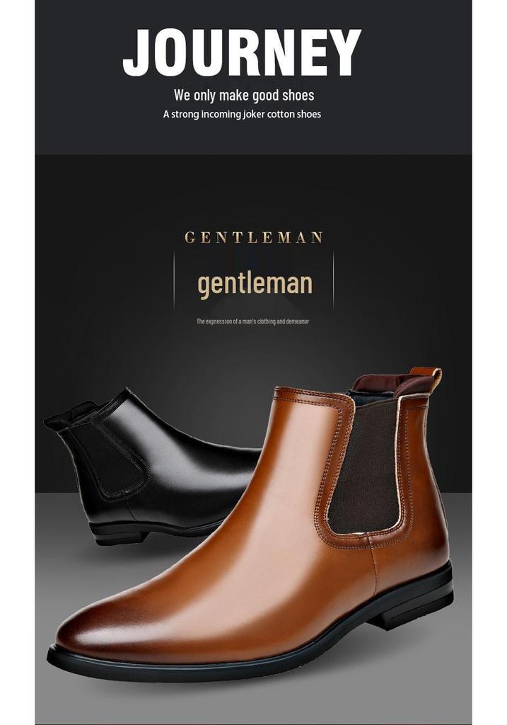 Chelsea Pointed Toe Leather Boots: Fashionable Slip-on, Korean & British Style Business Men's Plus Size Shoes.