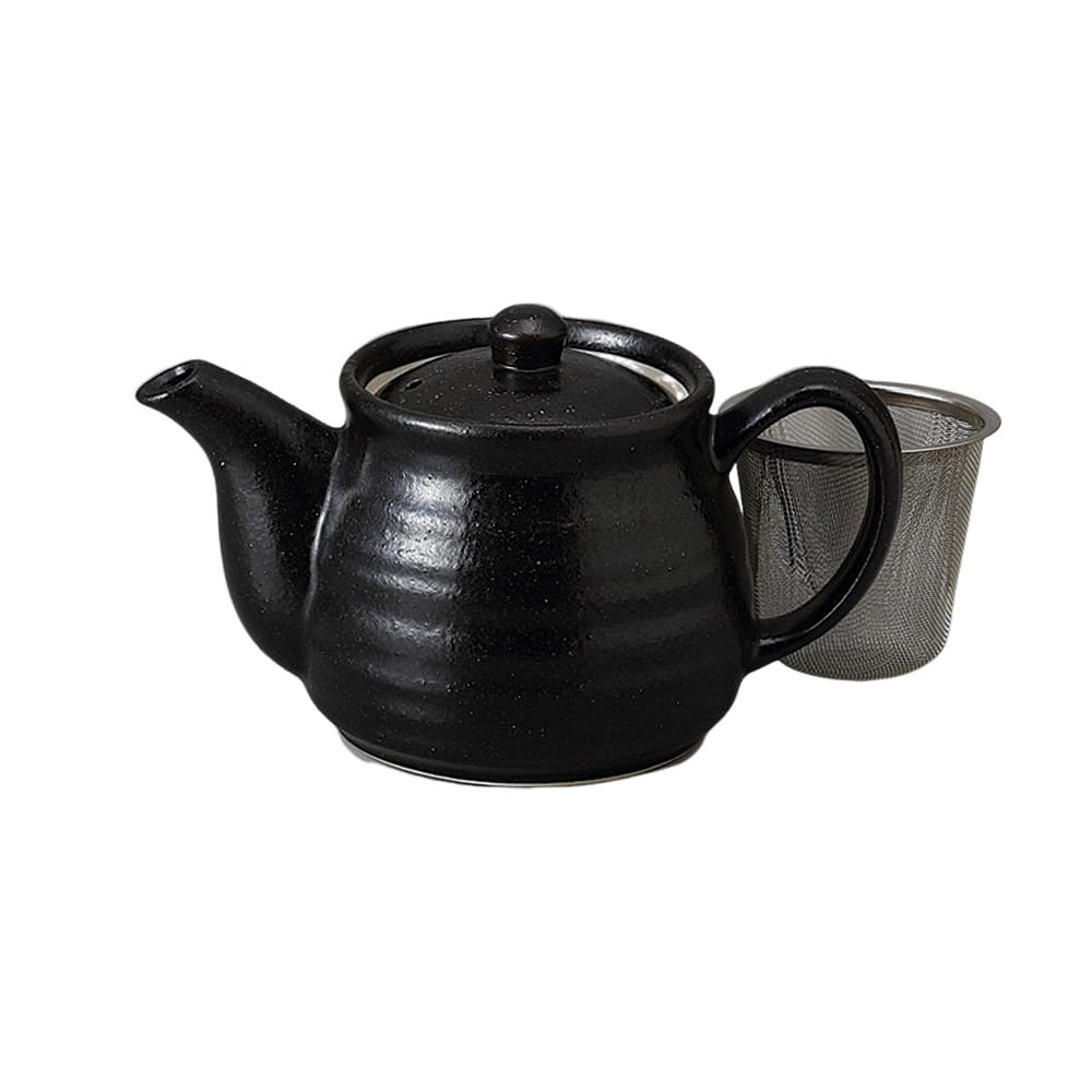 Ale-net Black Crystal Rokuhei Teapot (10.8 x 9.8 cm, 480cc) with Tea Strainer, Mino Ware Porcelain, Made in Japan, Stylish