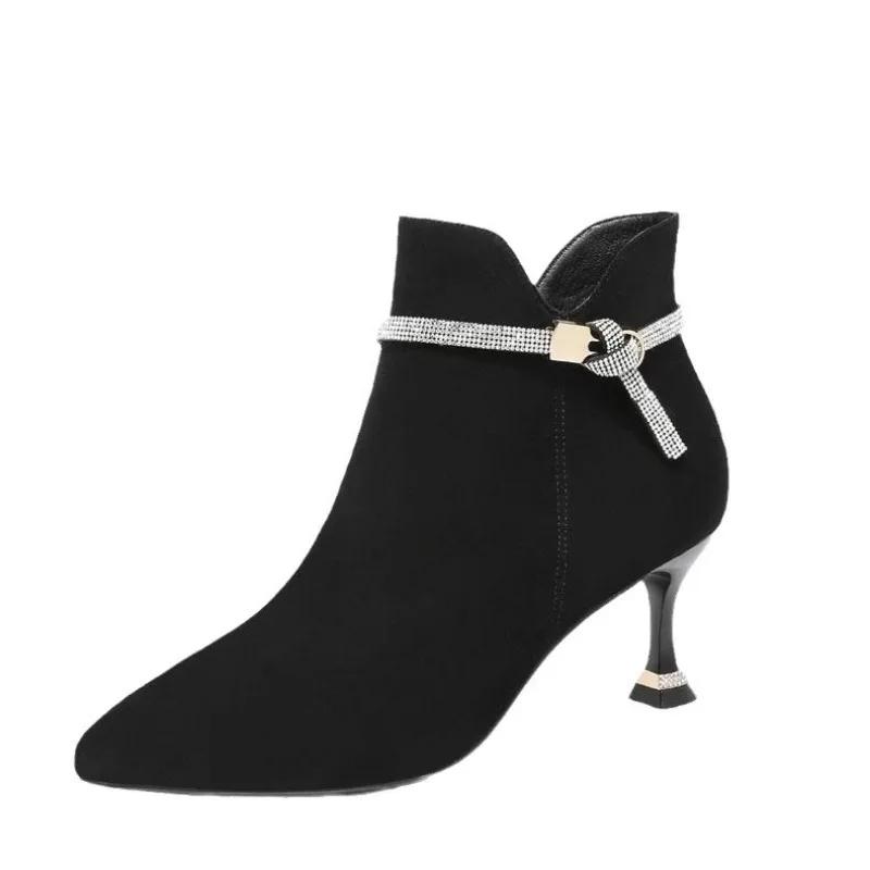 Zapatos de Tacón Alto de Moda para Mujer Temperamento Ante Punta Afilada Bombas de Aguja Elegante Botín Corto Moda Lujo Cristal para Mujer Otoño