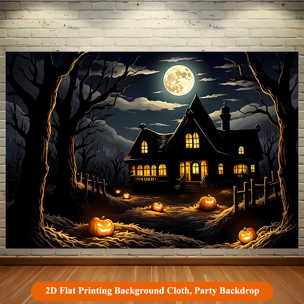 2D Flat Background Cloth 1 Piece, Pumpkin Lantern Illuminating the Dark Forest Background Cloth