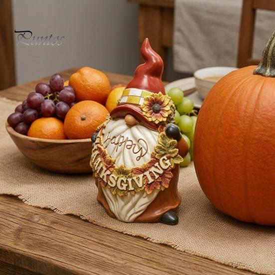 Waterproof Gnome Ornament Happy Thanksgiving Figurine, Sunflower Maple Leaf Statue, Cartoon Statue Dwarf Sculpture for Harvest Autumn Table