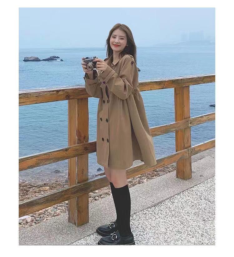 Khaki Petite Double-Breasted Trench Coat for Women - 2025 Autumn Korean Style, Loose Fit
