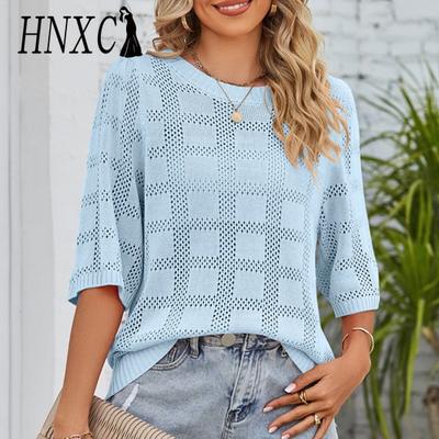 Women's Fashion Casual Summer Solid Color Print 3/4 Sleeves O-Neck Blouses & Shirts