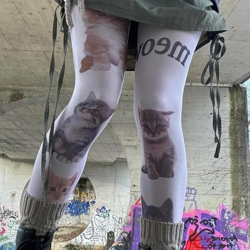 JK Style Cute Cat Print Tights Girls Sweet Cool Japanese Over Knee Socks