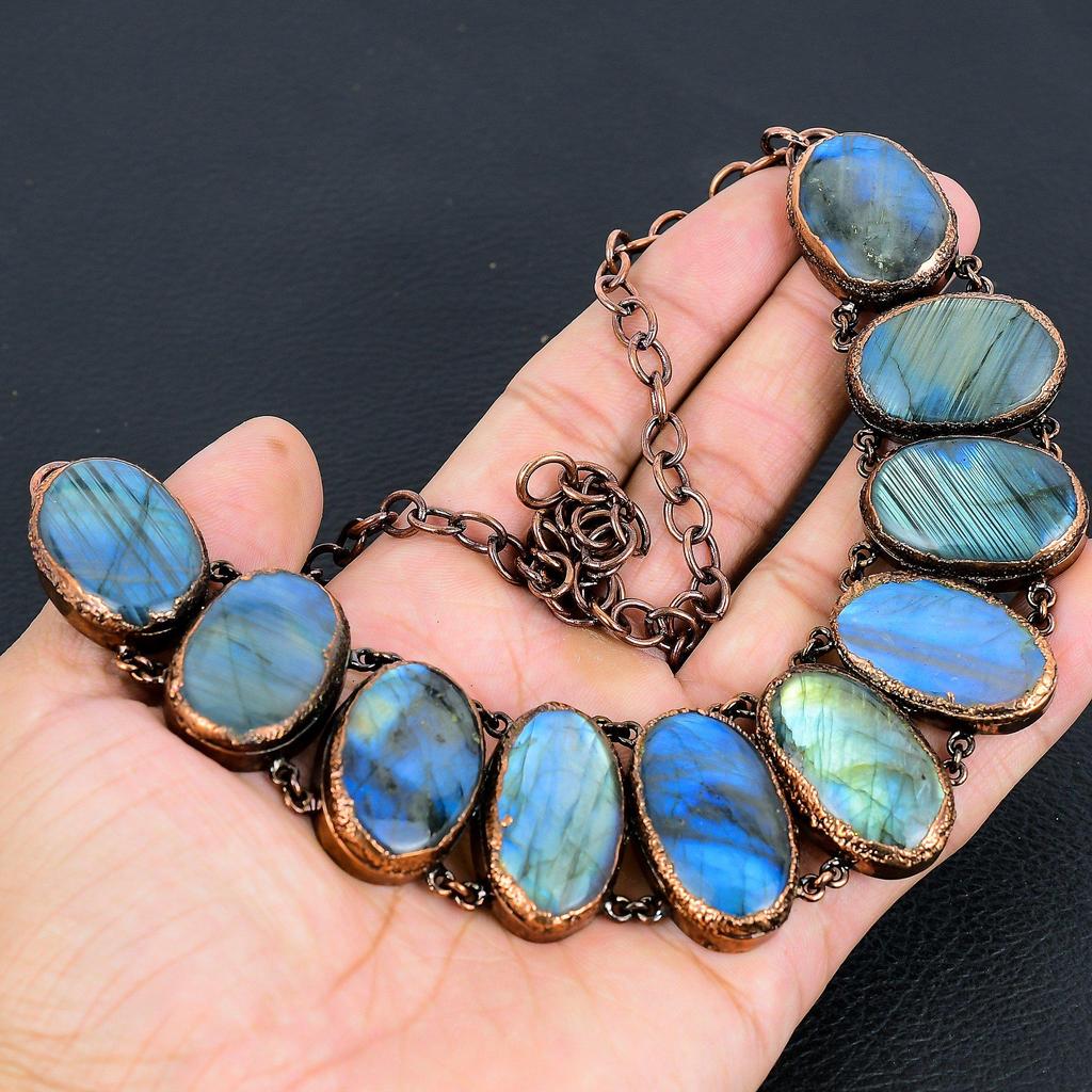 Labradorite Handmade Gemstone Necklace, Copper Electroformed Antique Jewelry Adjustable Chain Necklace, For Engagement Gift