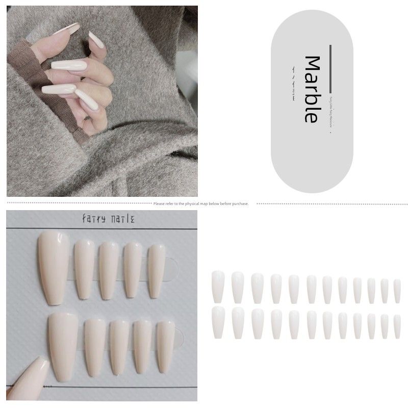 

Artistic White round French Wear Armor Long T Trapezoid Fashion Sexy Nail Stickers Minimalist Style Finished Product Fake Nail Tip 124-Long T rice White