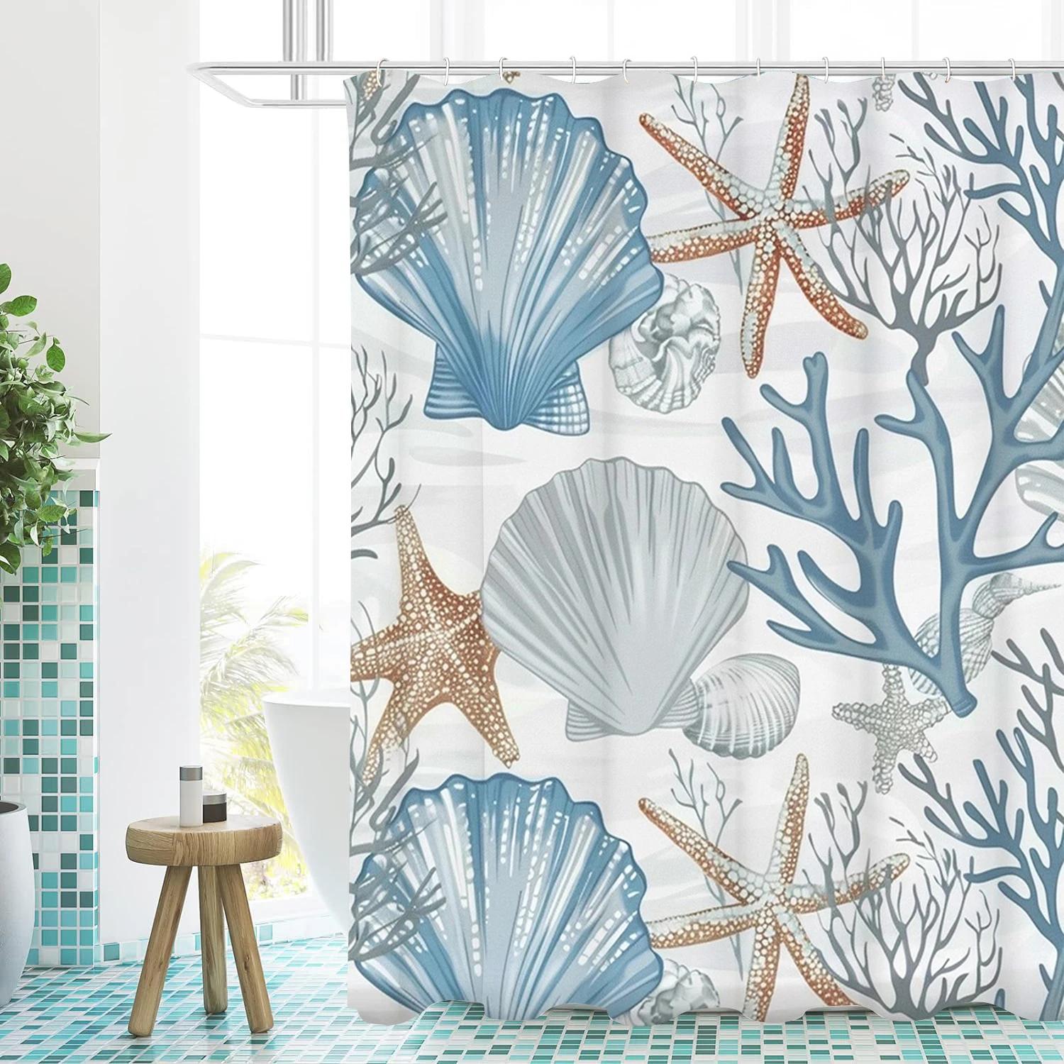

Sea Shell Bathing Curtain Bathroom Shower Curtain Waterproof With 12 Hooks Home Deco W60H190(CM)-1 Pcs