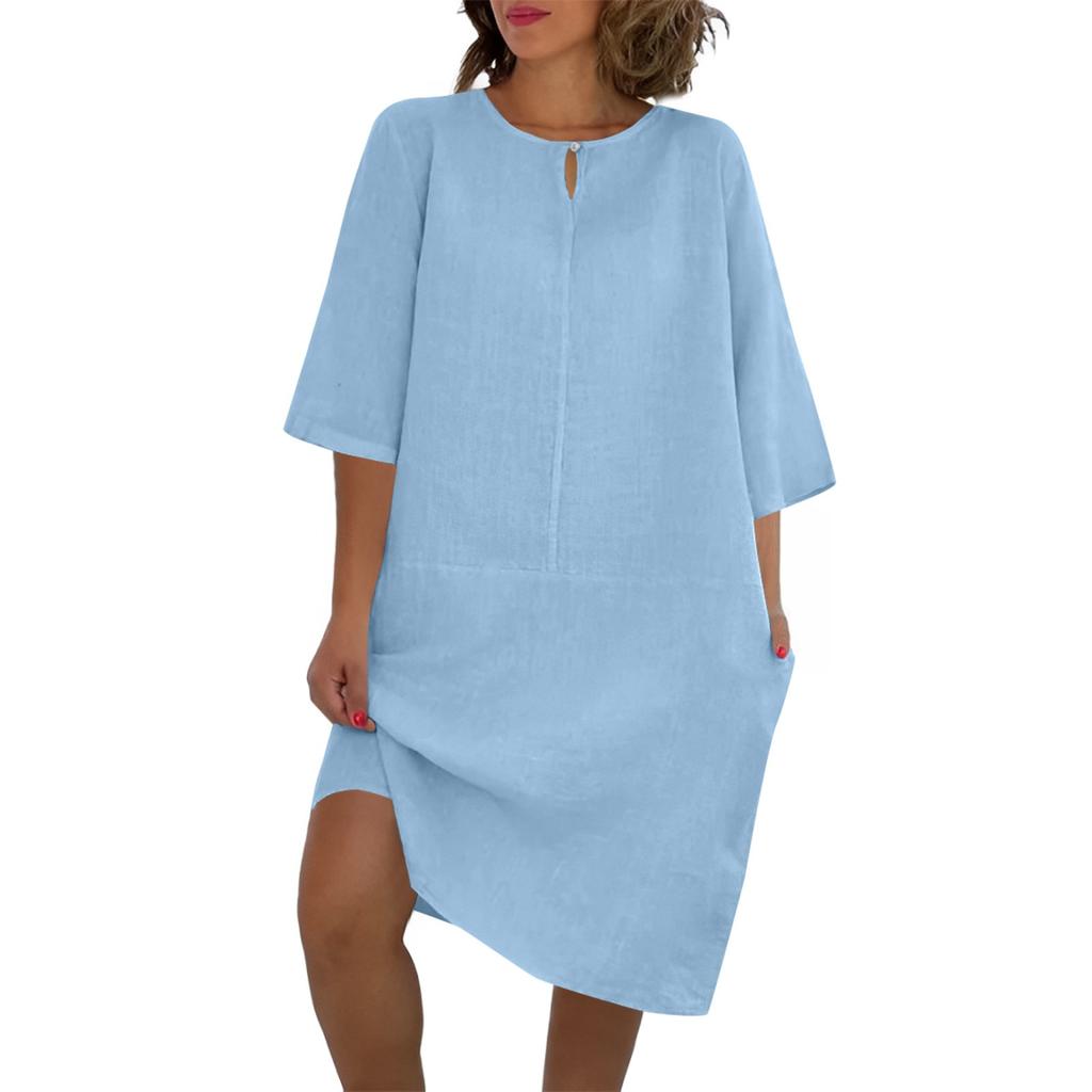 Dam Ny Sommar Sjuärmad Bomull Och Linne Liten V-ringning Patchwork Vintage Enfärgad Klänning