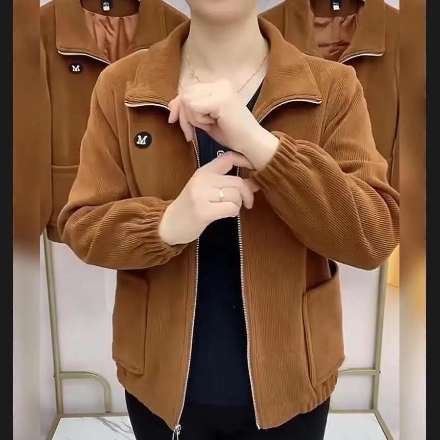 2025 Spring/Autumn Women's Plus Size Corduroy Jacket: Long Sleeve, Loose Fit, Zipper, Solid Color Cardigan