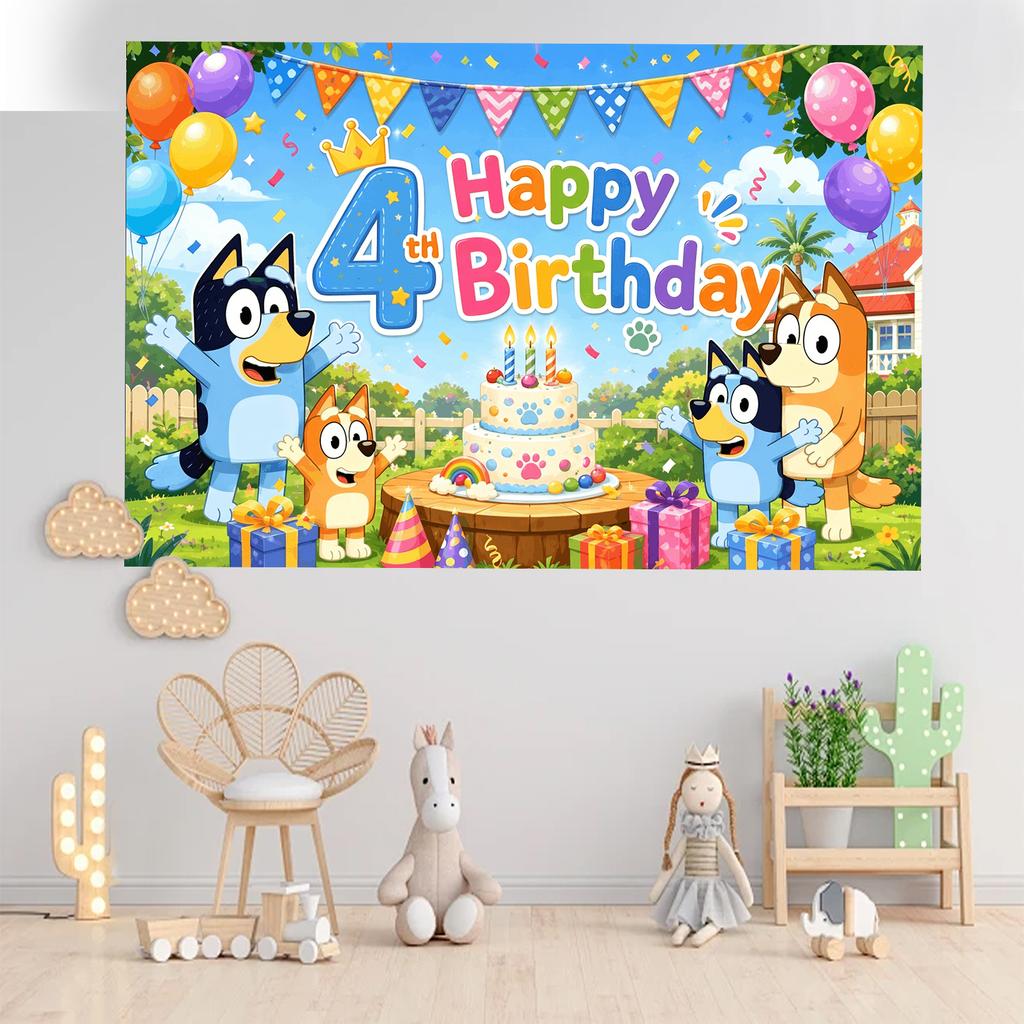 Kids 4 Years Birthday Fabric Backdrop Bluey Theme Party Decoration Cartoon Cake Balloons Flags Gifts Photo Party Supplies