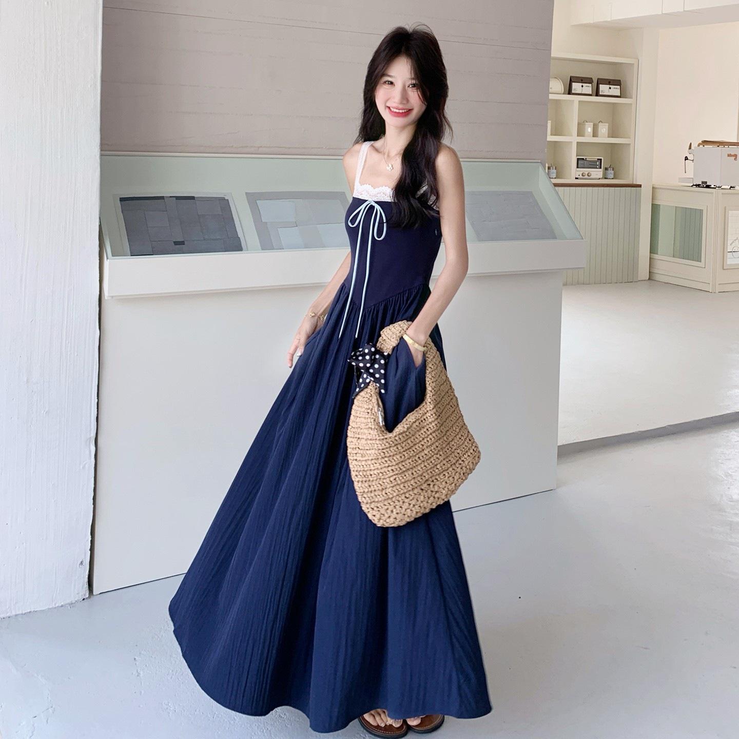 

Navy Blue Figure-Flattering Hepburn-Style Camisole Maxi Dress for Women - Perfect for Summer Vacations Large