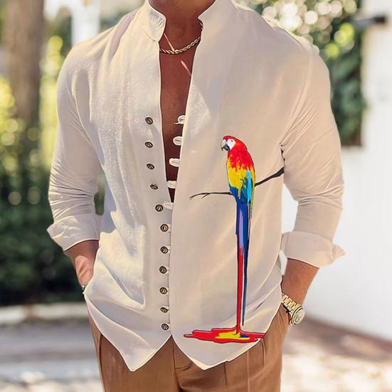 Männer Hemd Papagei Druck Stehkragen Langarm Einreiher Mittlere Länge Täglich Tragen Lässige Weiche Atmungsaktive Männer Herbst Top männlichen Kleidung