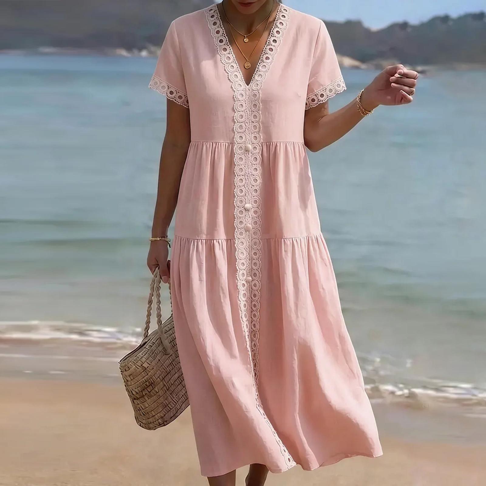 Women s Ssummer Fashion V Neck Short Sleeved Color Casual Lace Patchwork Dress XXL розовый