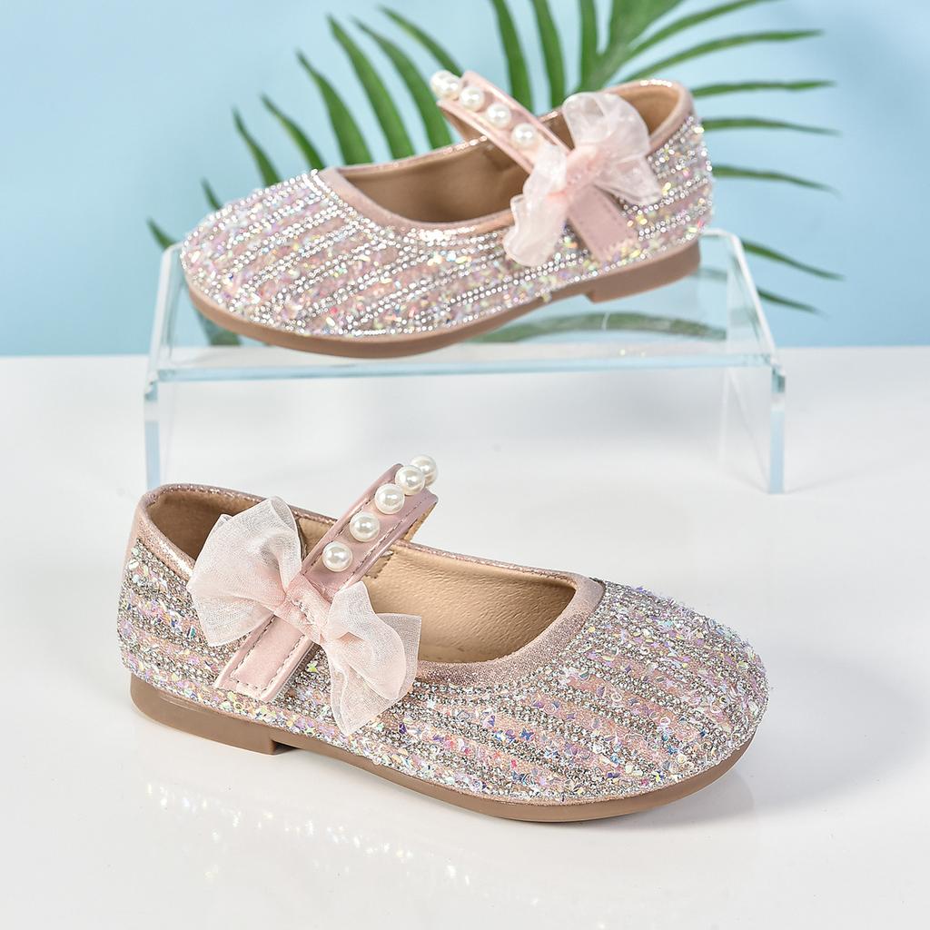 Girls' Princess Shoes Spring and Autumn New Children's Bowknot Flat Leather Shoes Baby Soft Sole Shiny Crystal Shoes
