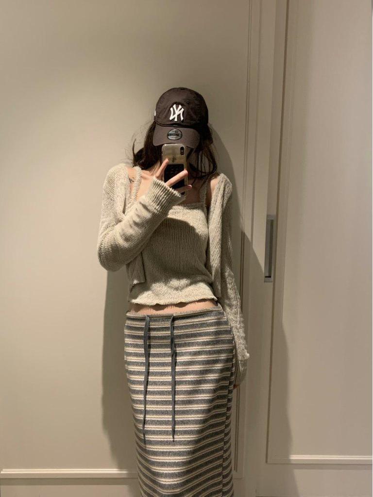 Korean Striped Color Block Lace-up Long Skirt - Spring/Autumn 2026 Collection