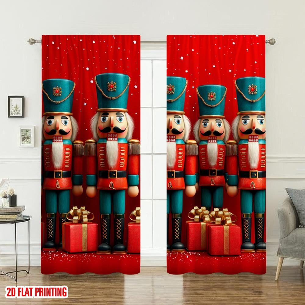 Set Of 2 Flat Printing Merry Christmas Trendy Curtains Nutcracker Soldier Gifts Digital Printed Polyester Drapes Party Made