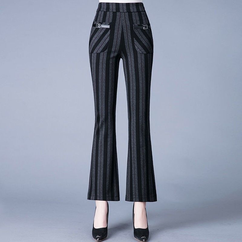 Vintage Høst Vinter Slengbukser Ny Dame Lomme Stripete Rutete Elastisk Høy Midje Mote Allsidige Bukser