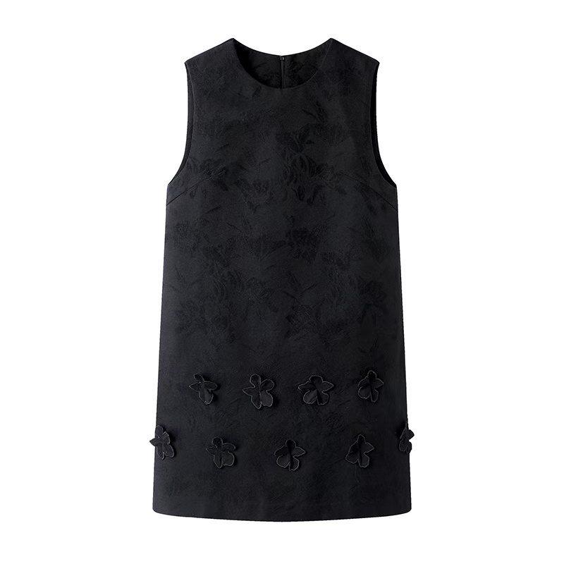 

2025 Spring Jacquard Sleeveless Little Black Dress with 3D Floral Short Skirt Small