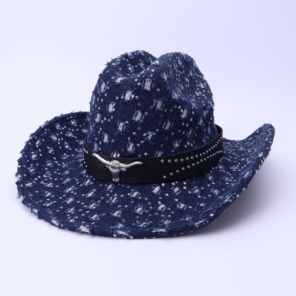 High-Quality Old Denim Ripped Western Denim Hat Fashionable Black Cow Head Belt Jazz Hat European And American Style Top Hat