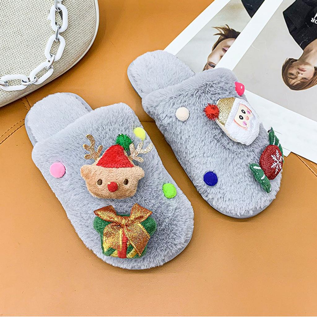 Women's Christmas Series Plush Slippers Winter Toe Covering Warm Slippers Indoor Soft Soled Cotton Womens House Slippers Size 8