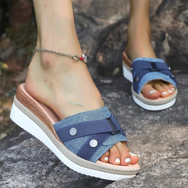 Fashion Fashion Wedge Heels Denim Slippers Women Summer Buckle Thick Bottom Sandals Woman Plus Size 36-43 Light Platform Sandles Female