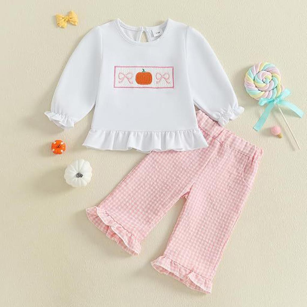 Kleinkind Mädchen Halloween Kürbis Stickerei Langarm Rundhals Pullover Sweatshirt und Elastische Taille Ausgestellte Hose Set