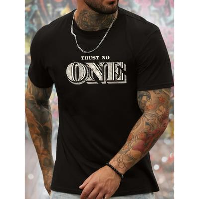 Europäische Größen Herren 'Trust No One' Muster Reines T-Shirt - Schwarzes Rundhals-T-Shirt mit Kräftiger Weißer Schrift, Atmungsaktiv und Bequem