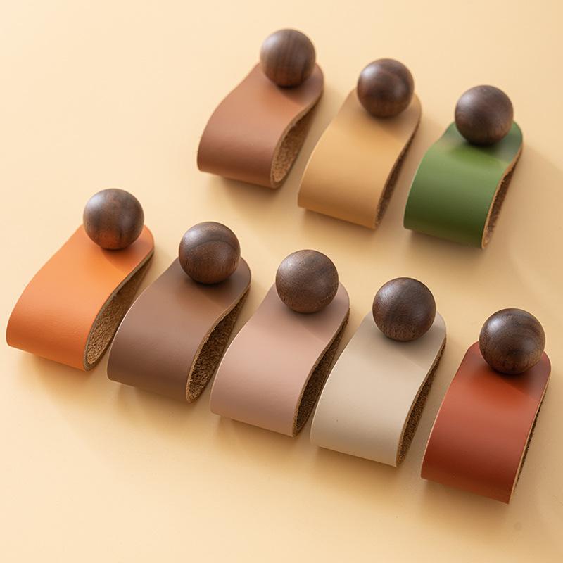 Top-Grain Leather Handle Anti-Collision Wardrobe Door Drawer Cabinet Pulls Black Walnut Genuine Leather Furniture Hardware