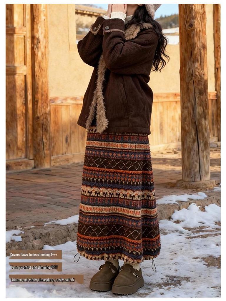 Fair Isle Fleece Two-Way High-Waisted Lantern Skirt for Women, Autumn/Winter Collection