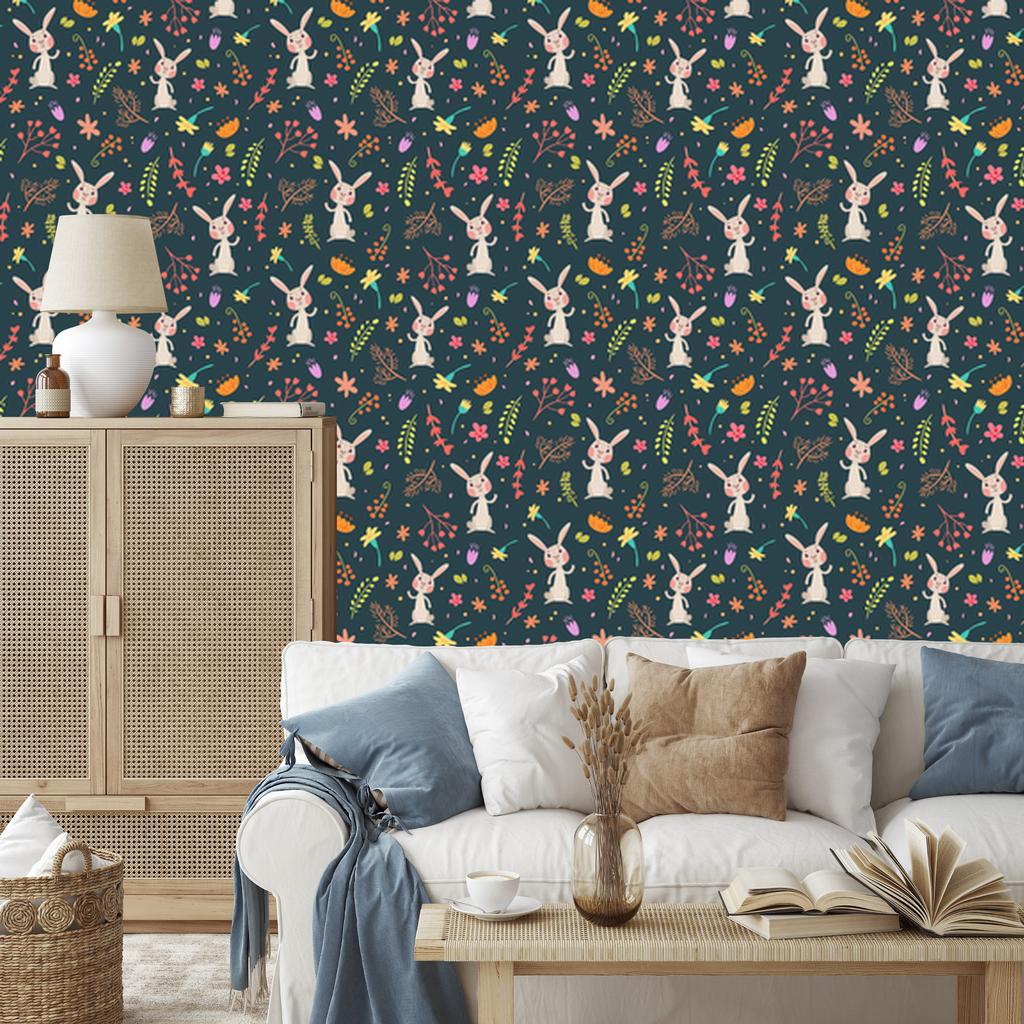 Wallpaper Bunnies Among Forest Plants for Living Room and Bedroom 50x1000