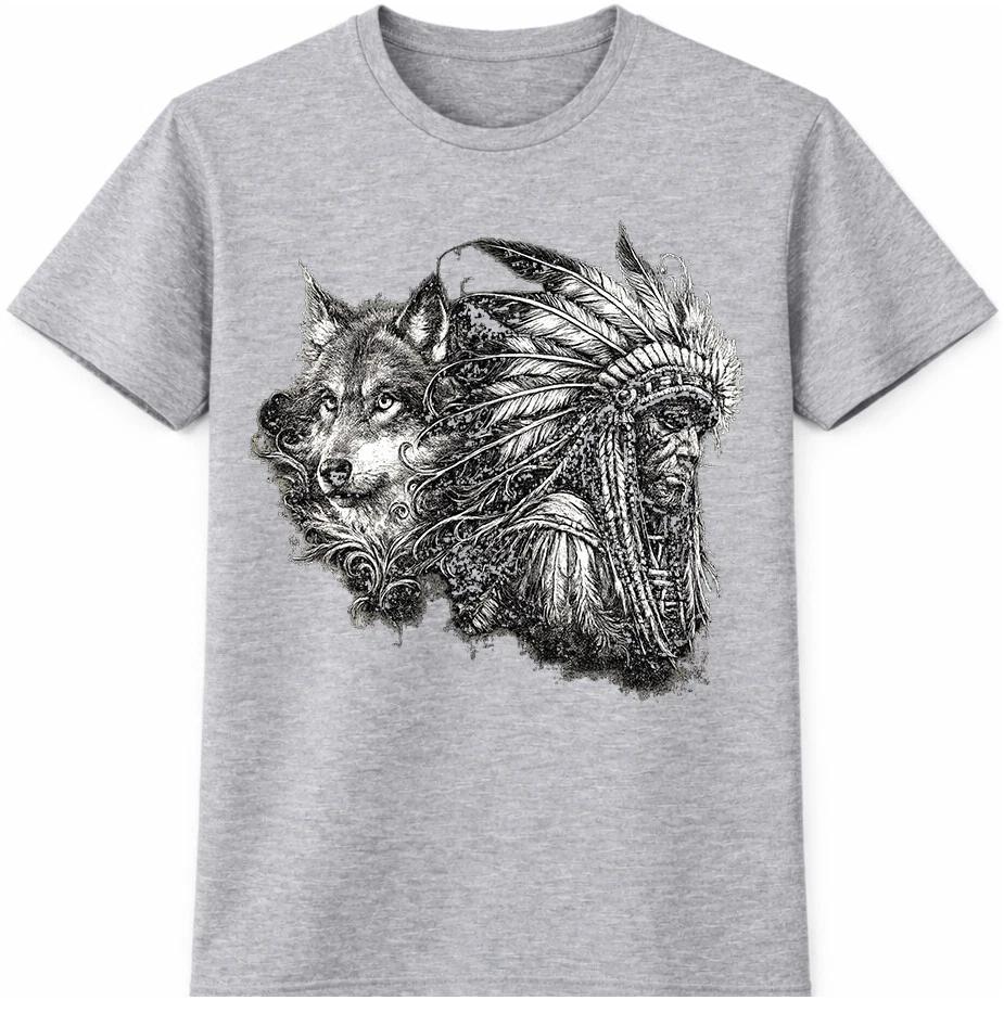 Wolf T-Shirt Tribal Warrior Headdress Native Spirit Animal Tattoo Graphic Tee XS