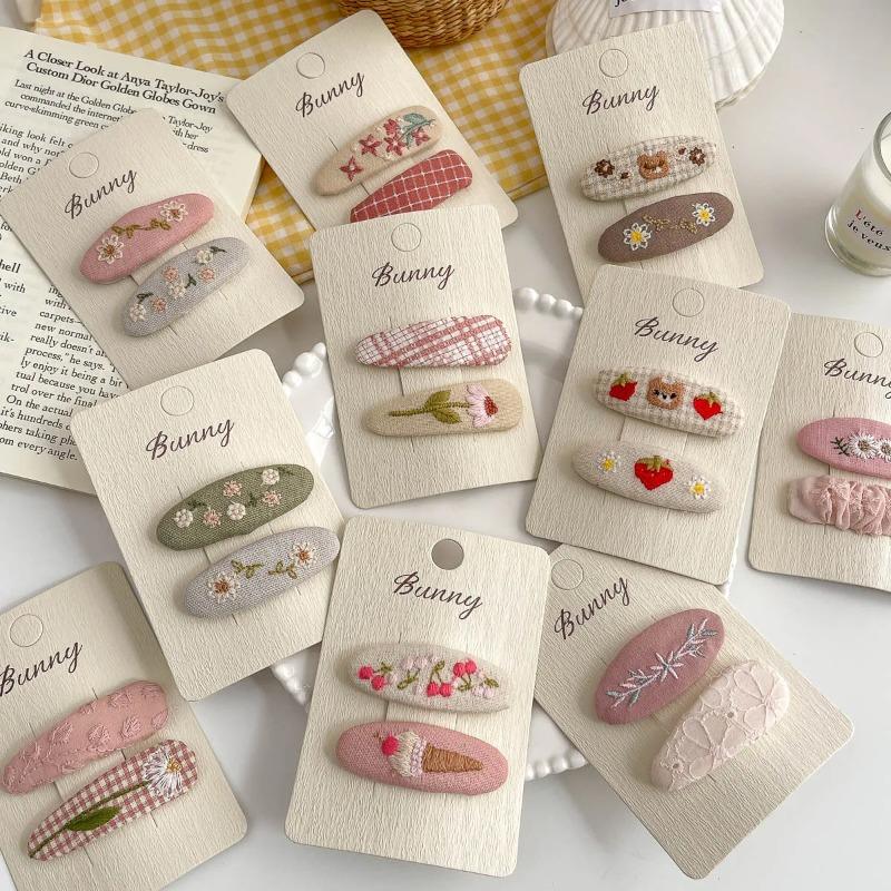 2Pcs Embroidery Flower Children's Hairpin Sweet Hair Clip Bangs Side Clip Hairpin Barrettes Headwear Hair Accessories Headdress