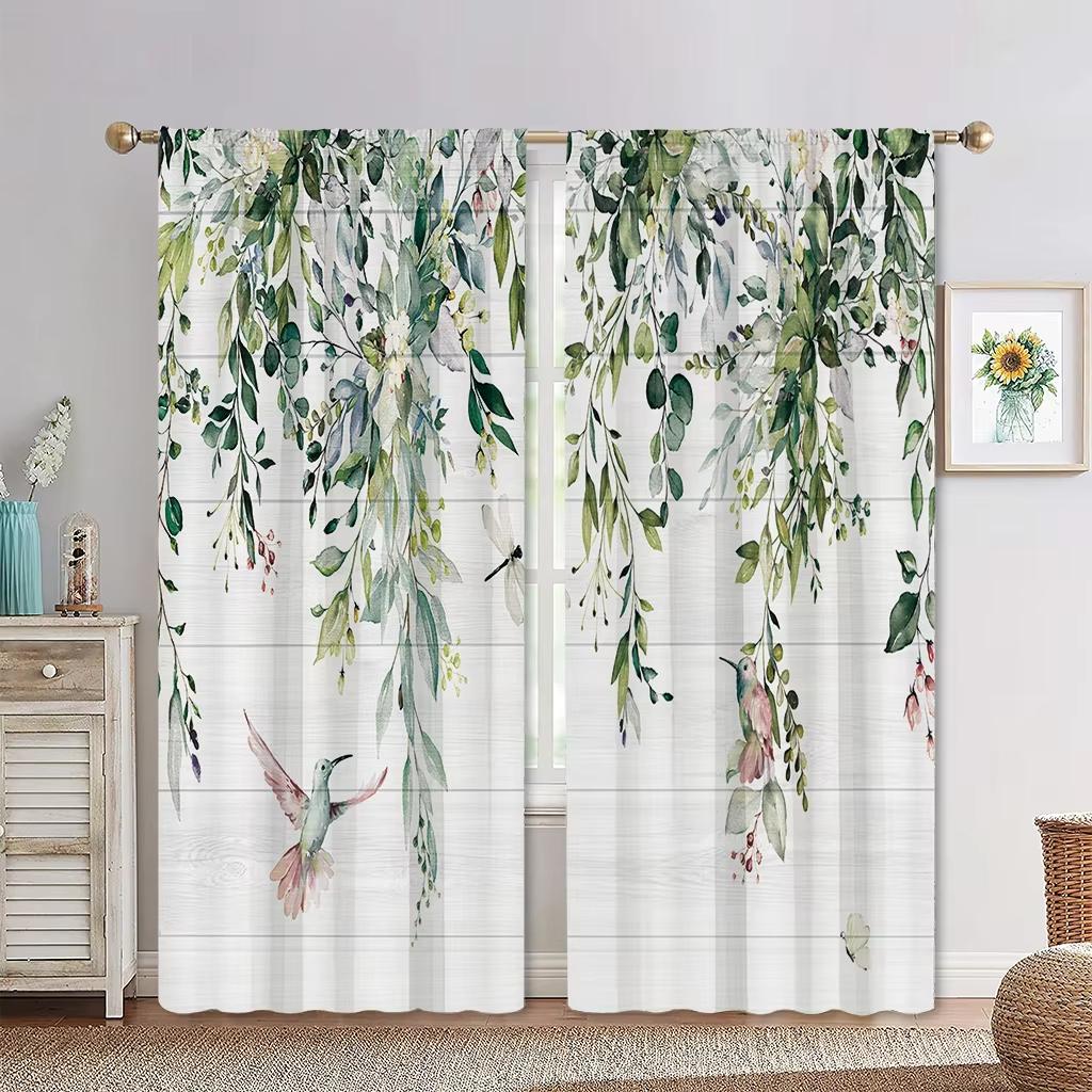 2 Panels European Pastoral Style Minimalist Wind Plant Curtains, Green Leaf Flower Curtains for Living Room, Bedroom, Decorative