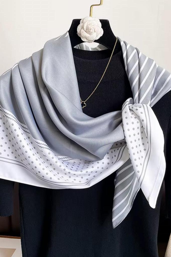 Women' Gray and White Scarf 90X90 - Stripes, Polka Dots and Delicate Elegance