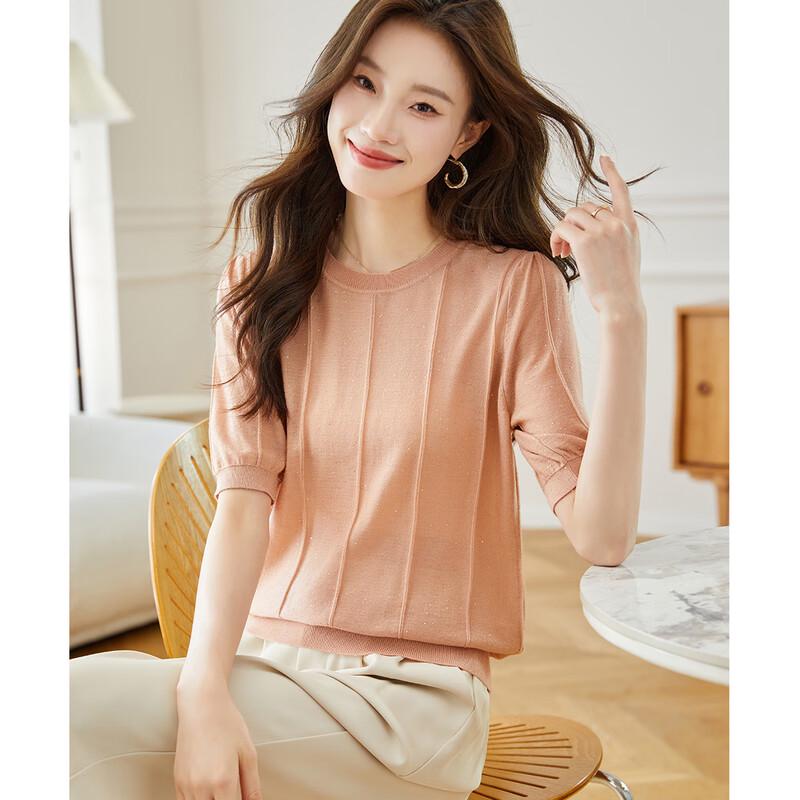 Srcr Women's Wool Blend Thin Knit Round Neck Mid-Sleeve Top