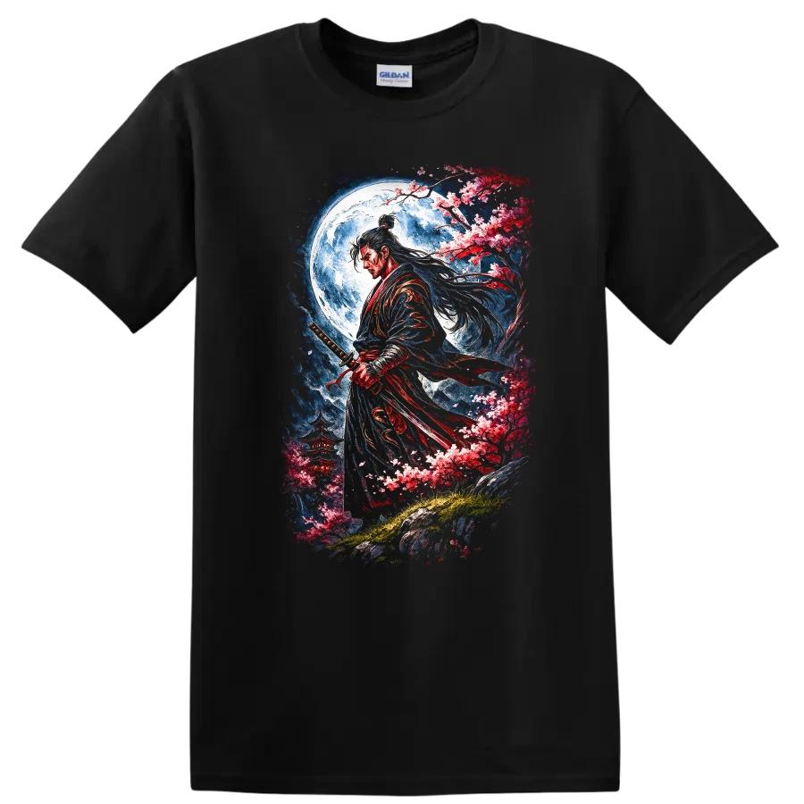 Japanese Samurai Blood Moon Art T Shirt Cherry Blossom Koi Fish Tee