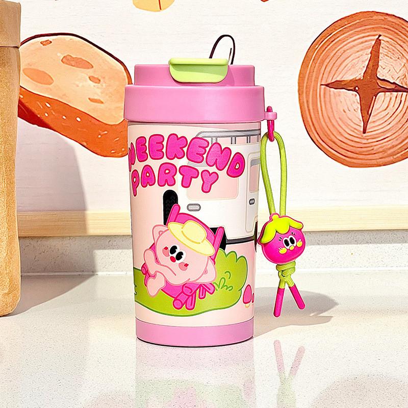 Cartoon Graffiti Insulated Bottle For Women And Kids With Leakproof Lid And Carrying Strap