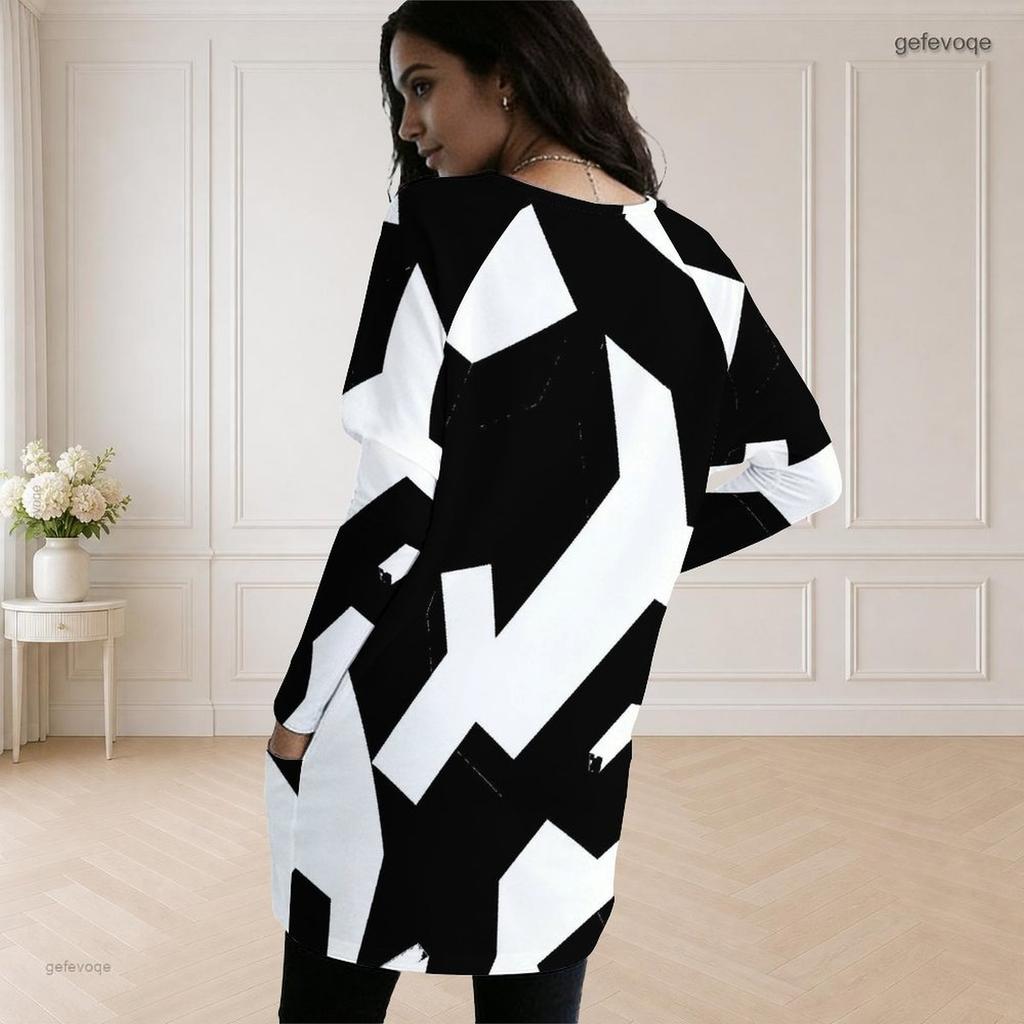 Women Plus Size Round Neck Long Sleeve Loose Black White Printed Longline Tunic With Pockets