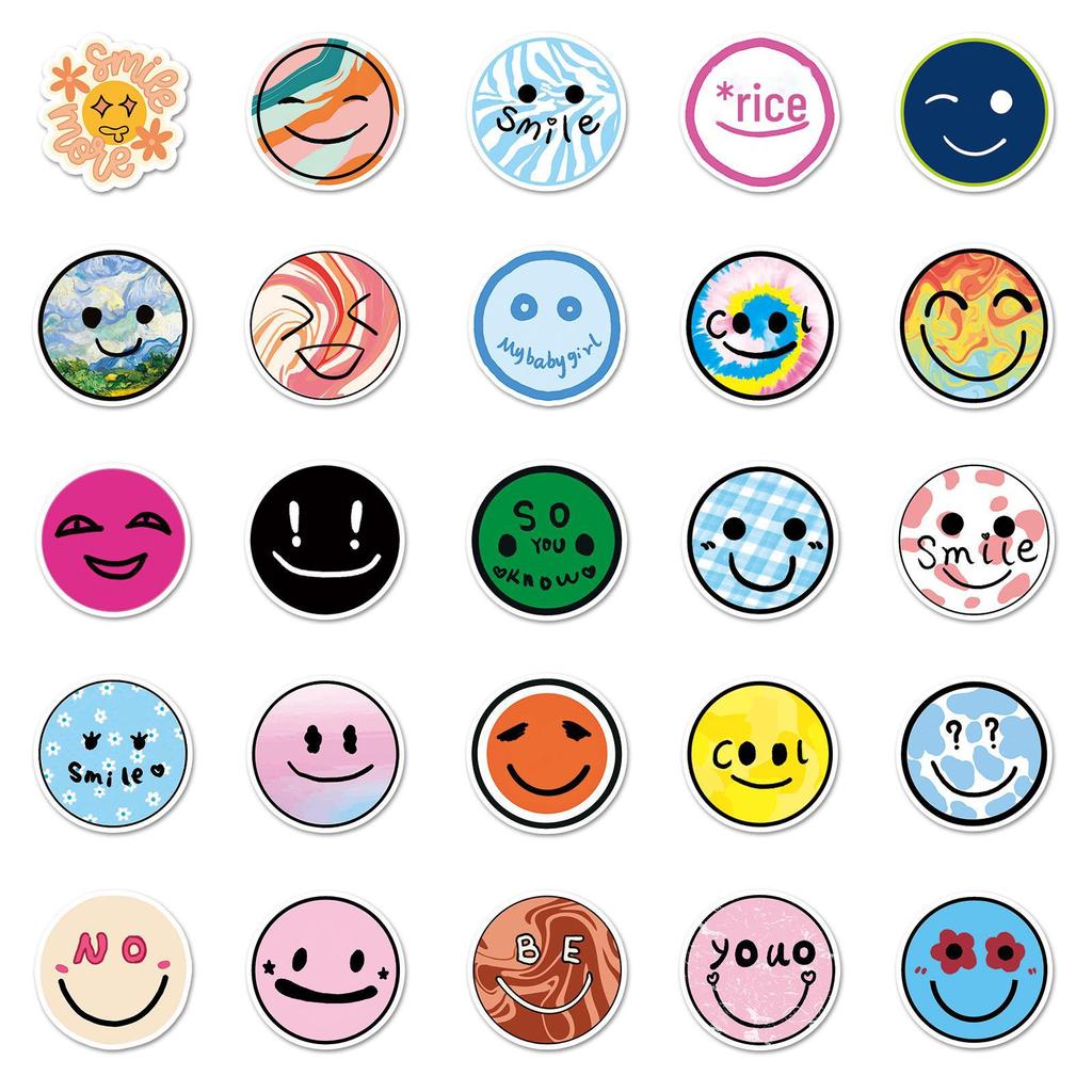 50 Trendy Smiley Face Stickers: Waterproof Cartoon Designs for Suitcases, Scooters, Computers, Tablets, and Water Cups
