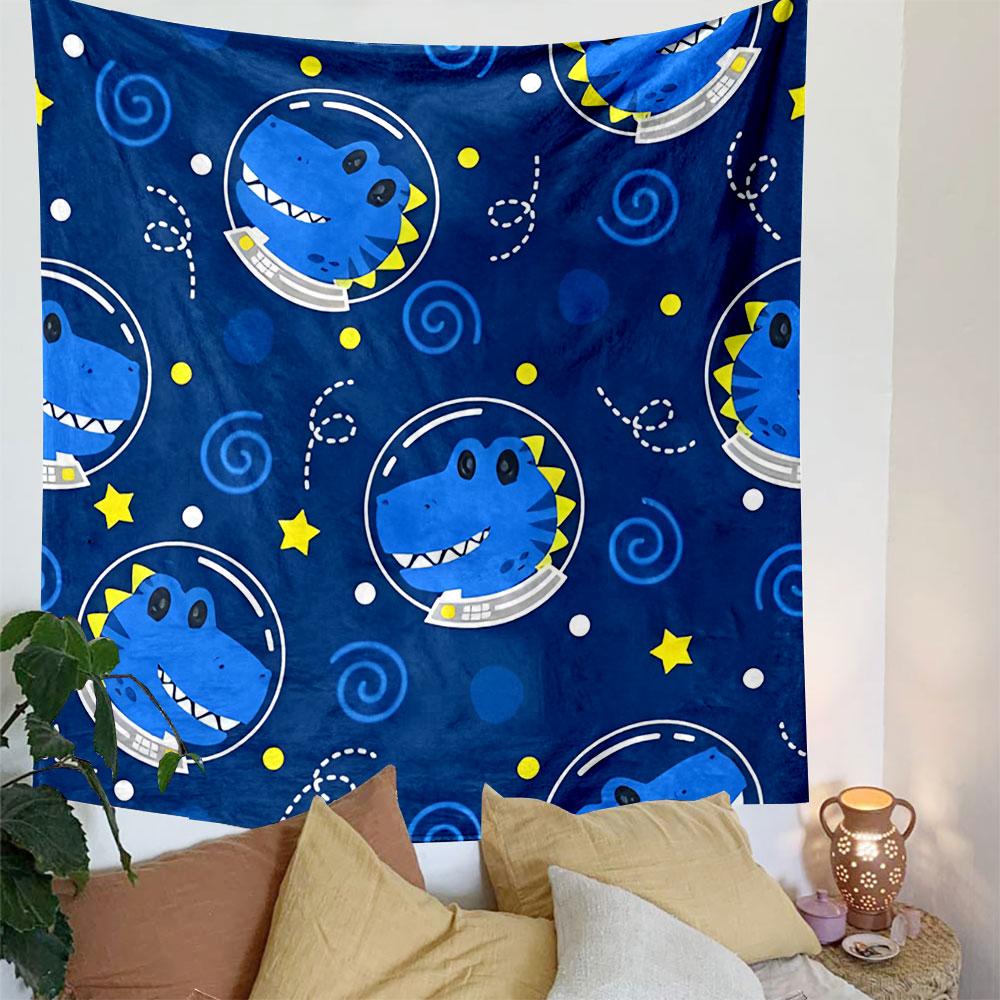 Blue Dinosaur Space Adventure Pattern Patterned Tapestry Decorative Wall Hanging, Home Bedroom Living Room Decor
