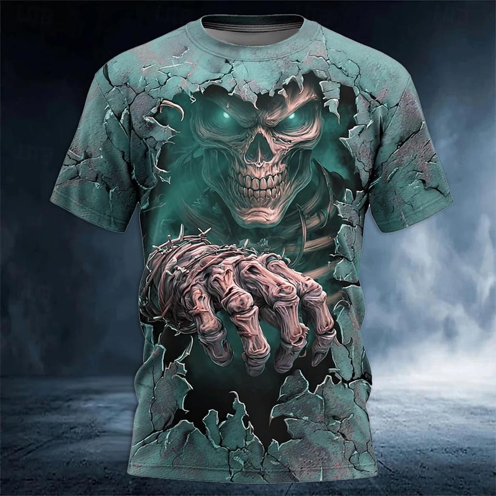 Summer Men's Terror Skull 3D Printed T-shirt Trendy Harajuku Alternative Personality Round Neck Top Loose Fashion Casual Short Sleeve Street Wear