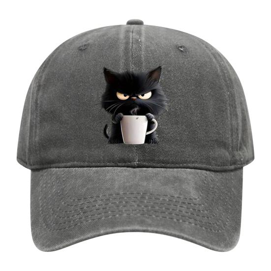 Casquette de baseball à motif chat réglable pare-soleil à bord incurvé chapeau de soleil unisexe style hip hop décontracté casquette café délavée