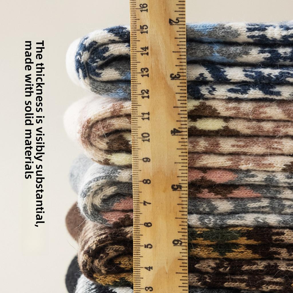 Winter and Autumn Vintage Thick and Warm Wool Socks for Children, Featuring Fel Island Wave and Diamond Pattern in Ethnic Style, Mid-calf Length Socks