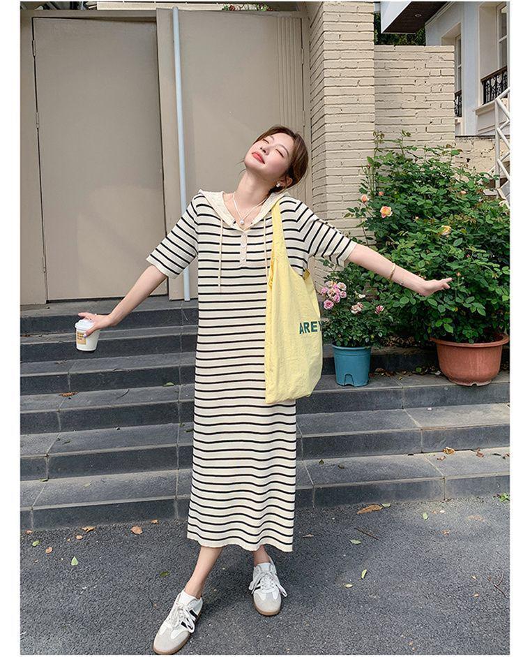 Korean Casual Striped Knit Hoodie Dress for Women, Summer College Style