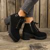 Fashion Women's Chunky Heeled Ankle Boots Metal Decoration Side Zipper High Heeled Booties Woman Fashion Lace Up Platform Short Boots