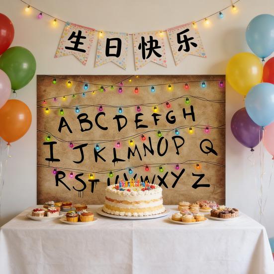 Sfondo Alfabeto Rustico Retro Colorato Alfabeto con Luci a Stringa Tema Sottosopra Oggetti di Scena per Foto per Halloween Forniture per Feste di Compleanno