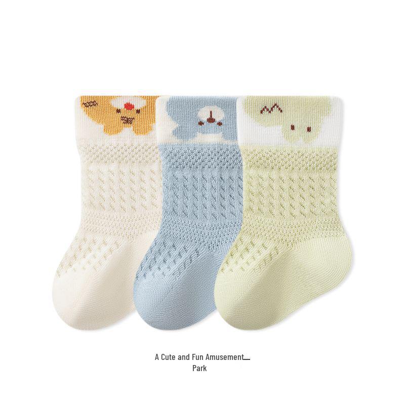Three-Pair Pack: Breathable Baby Mid-Calf Cartoon Socks with Loose Cuff for Infants and Toddlers