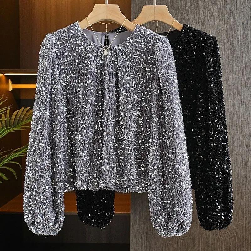 Damen Herbst Design Pailletten Langarm T-Shirt Rundhals Design Elegantes Basis Schicht Oberteil